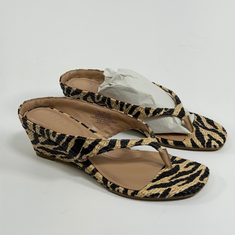 INC International Concepts Size-6.5M Carlieef Zebra Raffia Wedge Sandals Tan